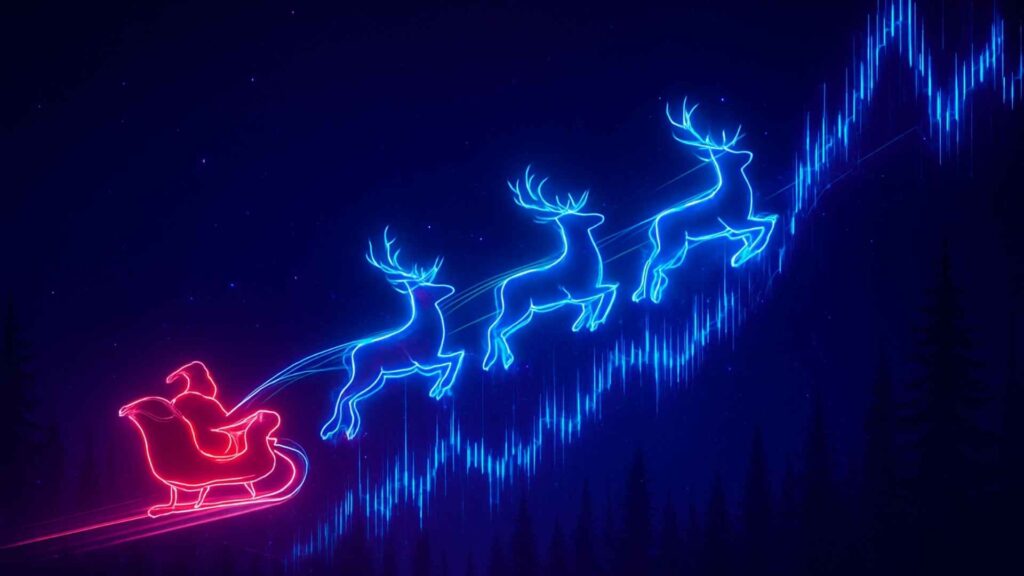 Neon sleigh and three reindeer rise along a glowing upward stock chart in a night sky.
