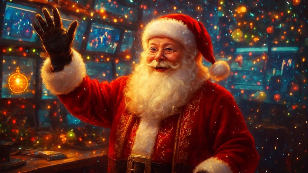 Santa in a red suit waves in a monitor-filled control room glowing with festive lights.