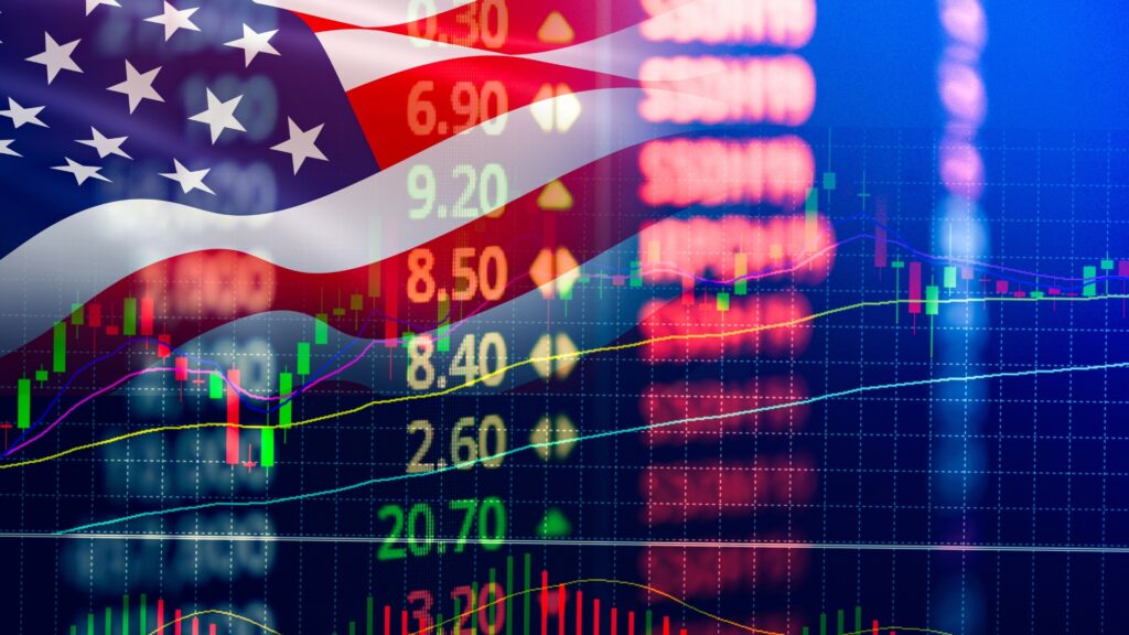 American flag overlaid on colorful stock market chart, illustrating activity in US financial markets.